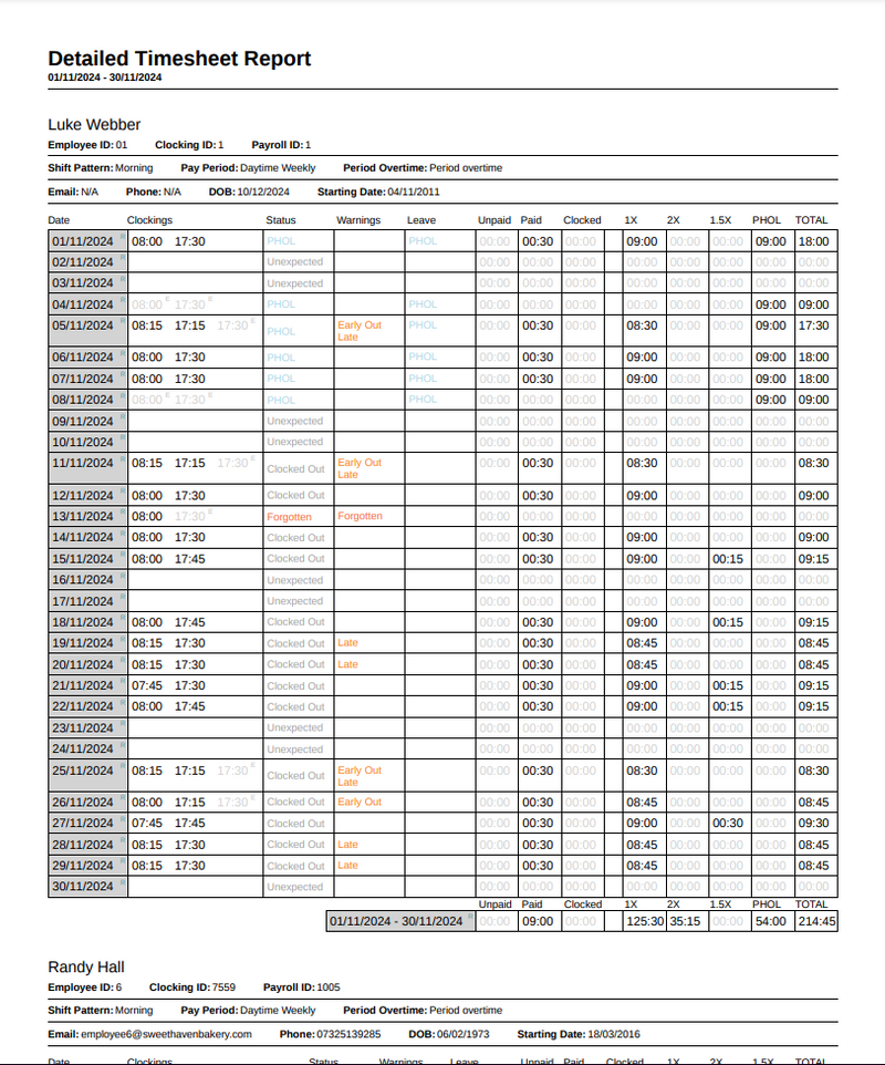 EvoTime Detailed TimeSheet Report