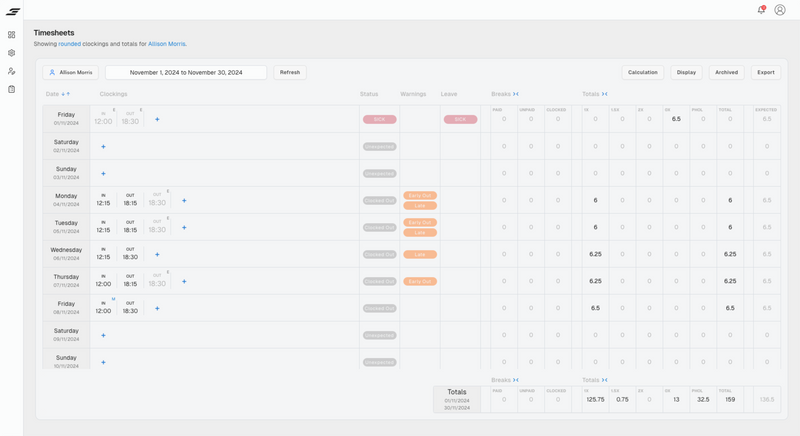 EvoTime Monthly TimeSheets - Detailed